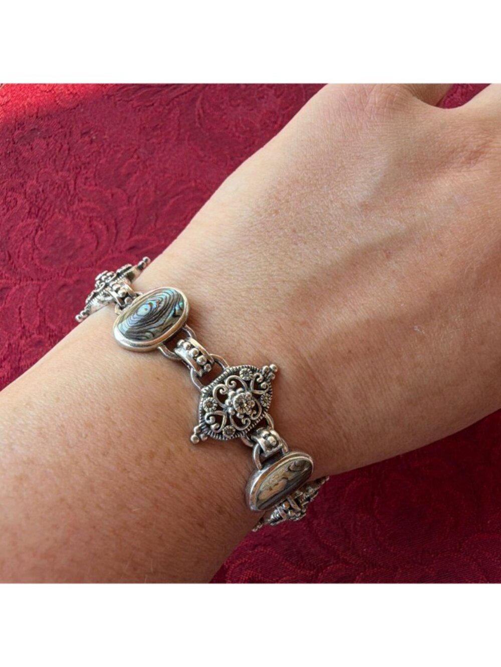 Vintage Sterling Silver 925 Abalone Shell Link Bracelet Marcasite Filigree Toggl